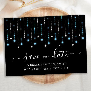 Reserva La Fecha Blue Black Silver Stars String Lights Wedding