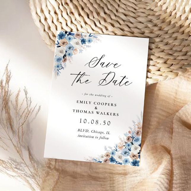 Reserva La Fecha Blue Boho Floral Save the Date Card (Subido por el creador)