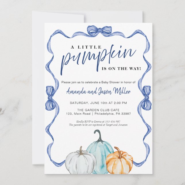 Reserva La Fecha Blue Bow Fall Baby Shower Pumpkins elegante (Anverso)
