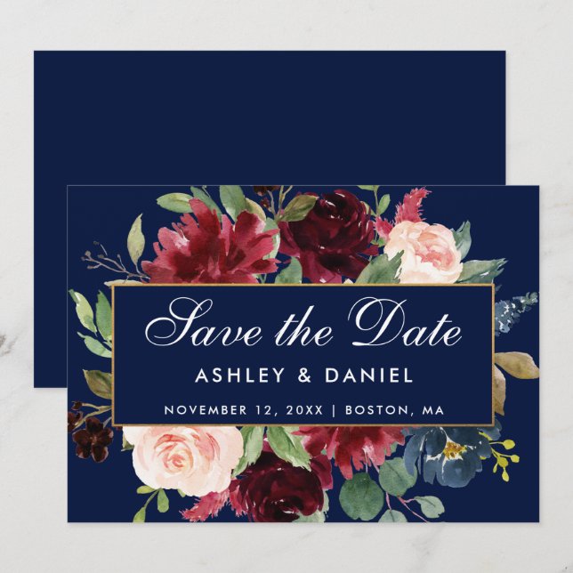 Reserva La Fecha Blue Burgundy Floral Gold Save The Date (Anverso / Reverso)