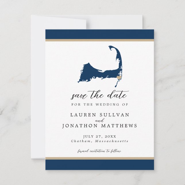 Reserva La Fecha Blue Chatham Cape Cod Map Wedding Save the Date (Anverso)