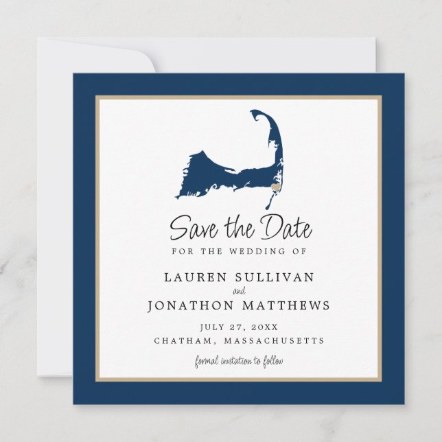 Reserva La Fecha Blue Chatham Cape Cod Map Wedding Save the Date (Anverso)