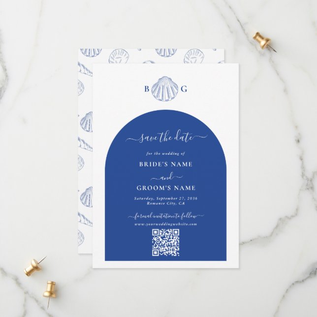 Reserva La Fecha Blue Clam Seashells Coastal Seaside Beach Wedding (Anverso/Reverso In Situ)