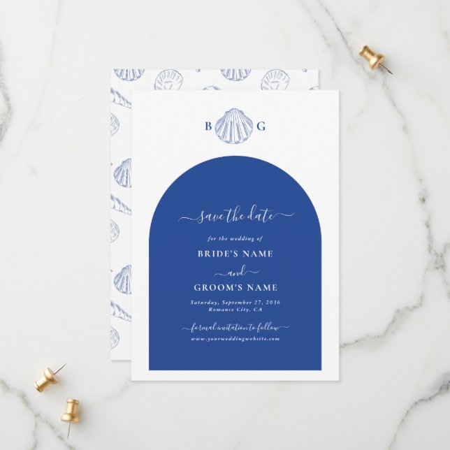 Reserva La Fecha Blue Clam Seashells Coastal Seaside Beach Wedding (Anverso/Reverso In Situ)
