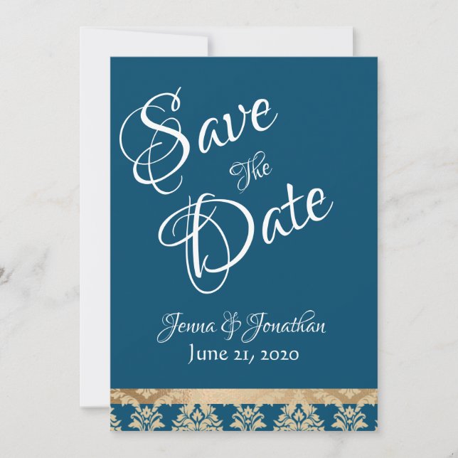 Reserva La Fecha Blue Damask Gold Script Elegant Wedding (Anverso)