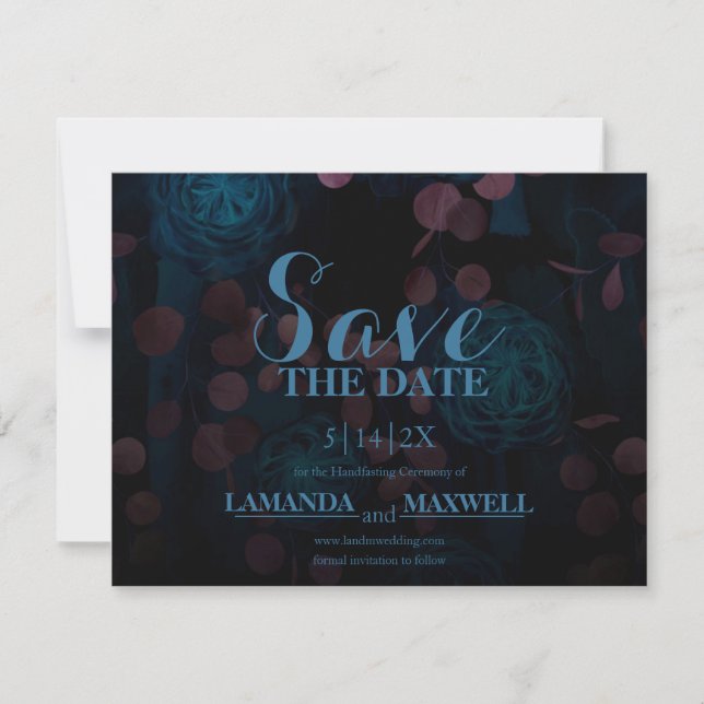 Reserva La Fecha Blue Floral Black Gothic Wedding Save The Date (Anverso)
