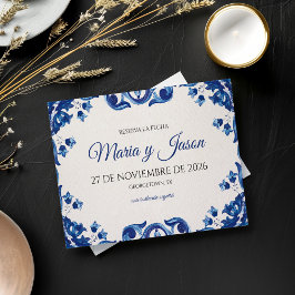 Reserva La Fecha Blue Floral Elegant Fiesta Spanish Wedding