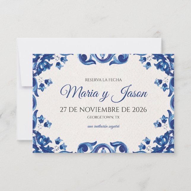 Reserva La Fecha Blue Floral Elegant Fiesta Spanish Wedding (Anverso)