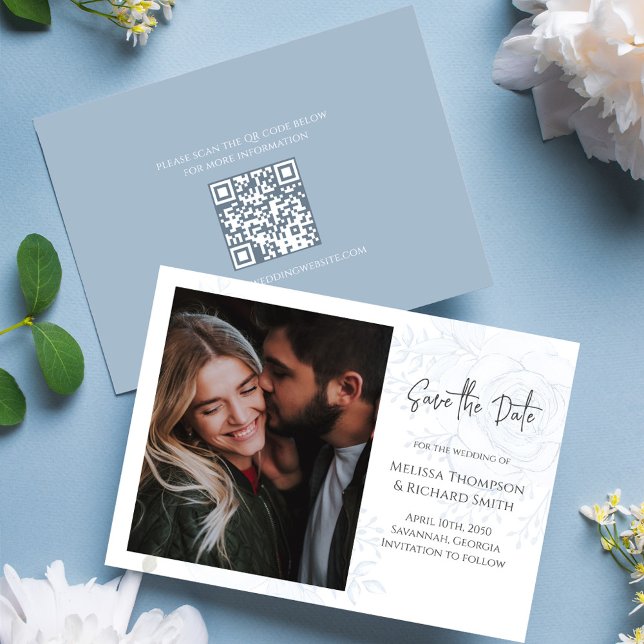 Reserva La Fecha Blue Floral Elegant Photo Wedding Salven la fecha (Floral blue elegant Photo save the date card with QR code. )