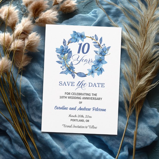 Reserva La Fecha Blue Floral Gold Frame 10th Wedding Anniversary (Subido por el creador)