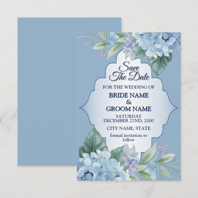 Reserva La Fecha Blue Floral Green Leaves Frame Elegant Wedding (Anverso / Reverso)