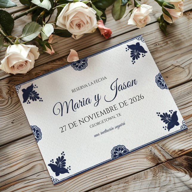 Reserva La Fecha Blue Floral Otomi Simple Fiesta Spanish Wedding (Blue Floral Otomi Simple Fiesta Spanish Wedding Save The Date)