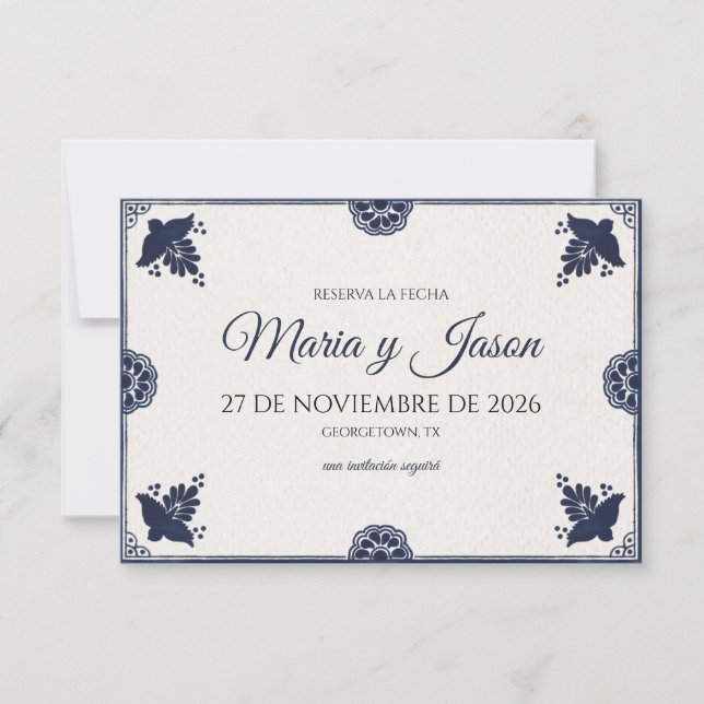 Reserva La Fecha Blue Floral Otomi Simple Fiesta Spanish Wedding (Anverso)