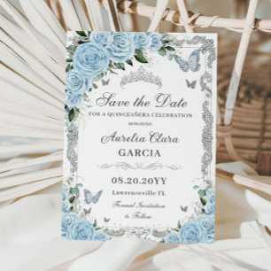 Reserva La Fecha Blue Floral Silver Sweet 16 QUINCEAÑERA