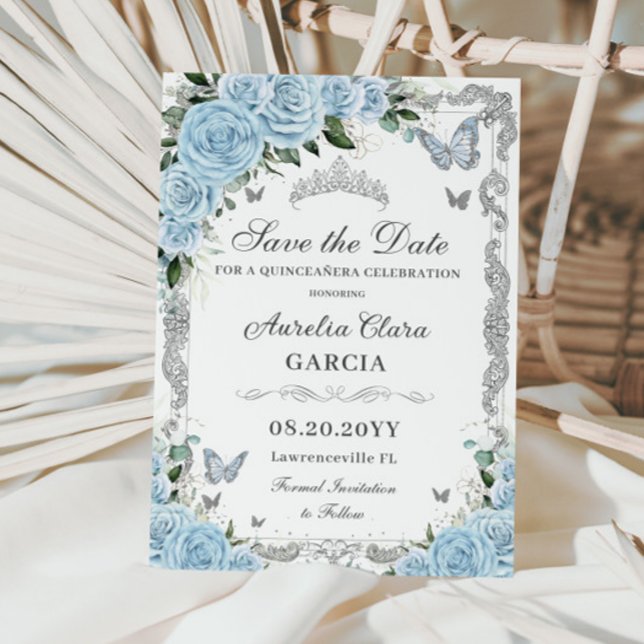 Reserva La Fecha Blue Floral Silver Sweet 16 QUINCEAÑERA (Subido por el creador)