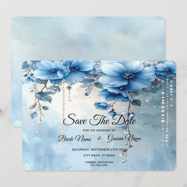 Reserva La Fecha Blue Flowers and Pearls Save The Date (Anverso / Reverso)