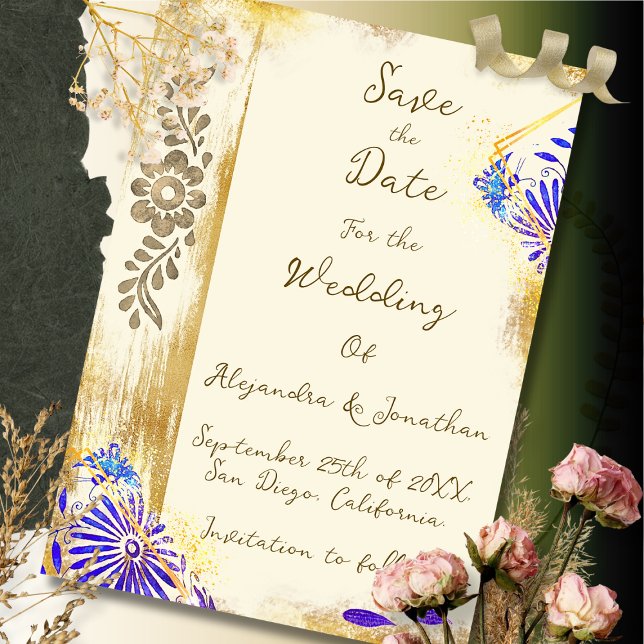 Reserva La Fecha Blue & Gold Mexican Otomi Baroque Elegant Wedding (Subido por el creador)