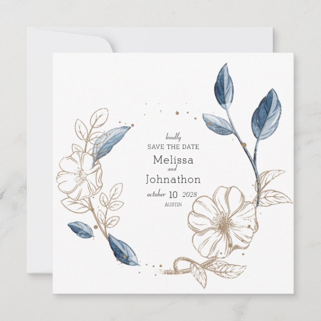 Reserva La Fecha Blue Gold Modern Floral Elegante (Anverso)