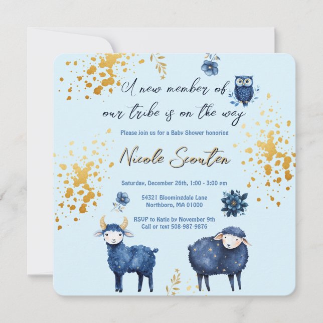 Reserva La Fecha Blue Gold Woodland Baby Shower Save The Date (Anverso)