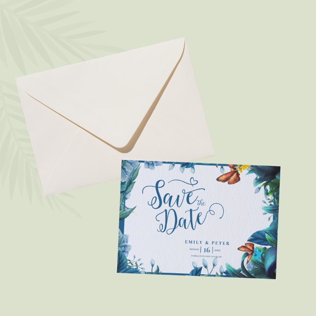 Reserva La Fecha Blue Green Botanical Butterfly Elegant Wedding (Blue Green Botanical Butterfly Elegant Wedding Save The Date)