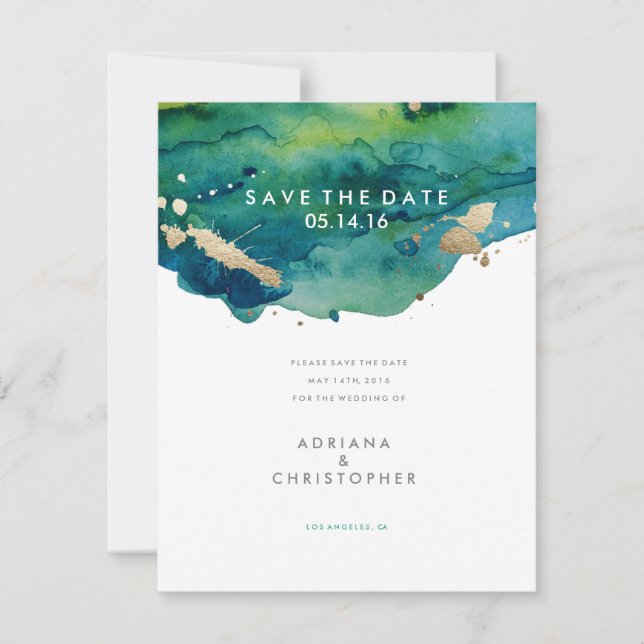 Reserva La Fecha Blue Green y Gold Splatter Wedding Save the Date (Anverso)