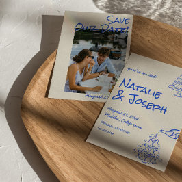 Reserva La Fecha Blue Hand Drawn Champagne Tower Cake Photo Wedding