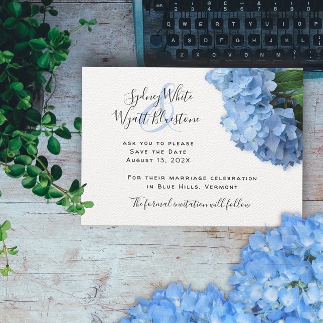 Reserva La Fecha Blue Heaven Hydrangea Floral Linen Save the Date (Subido por el creador)