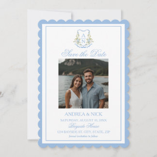 Reserva La Fecha Blue Hydrangea Crest Monogram Wedding Invitation