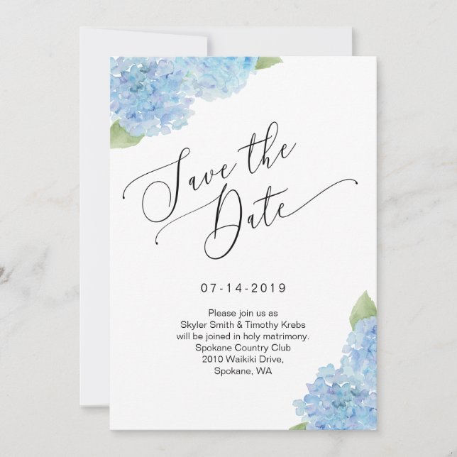 Reserva La Fecha Blue Hydrangea Floral Save the Date Card (Anverso)