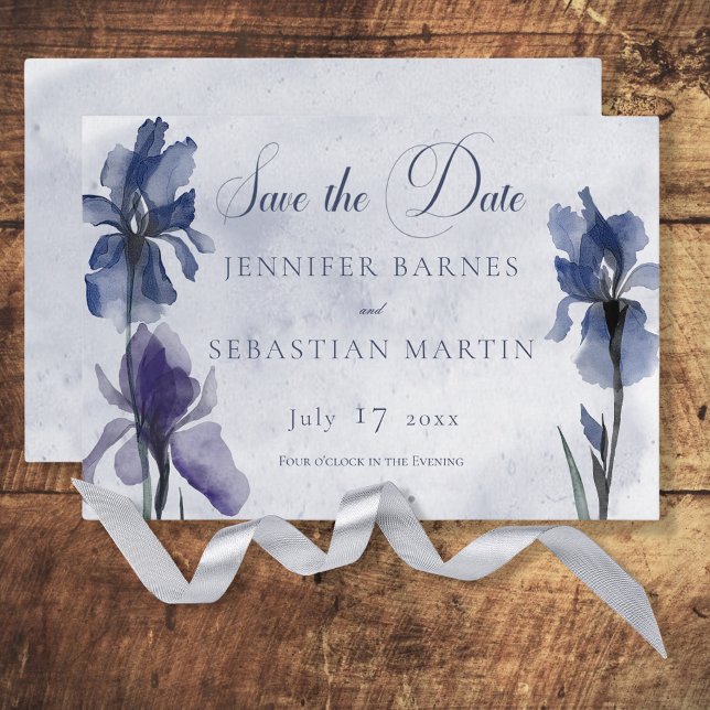Reserva La Fecha Blue Iris Flowers Blue Modern Save the Date Card (Subido por el creador)