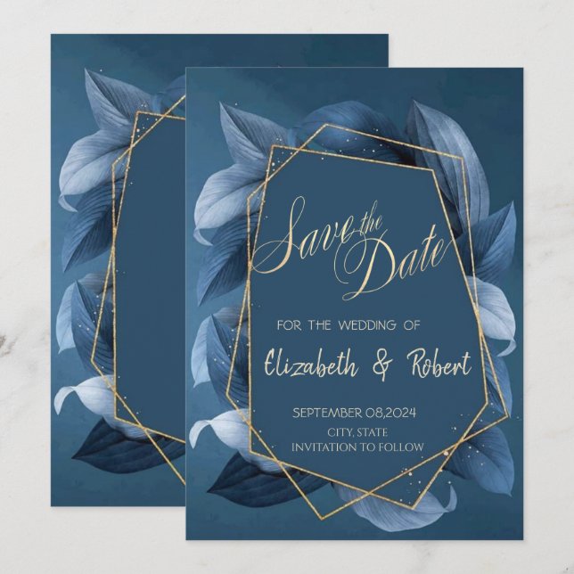 Reserva La Fecha Blue Leaves Gold Frame Save The Date (Anverso / Reverso)