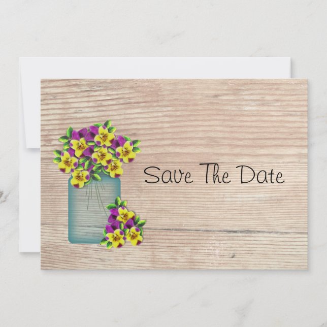 Reserva La Fecha Blue Mason Jar Pansies Save The Date (Anverso)