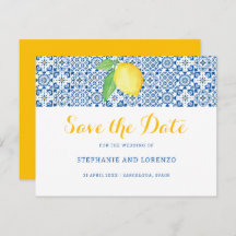 Blue Mediterranean Tile Watercolor Lemon Boda
