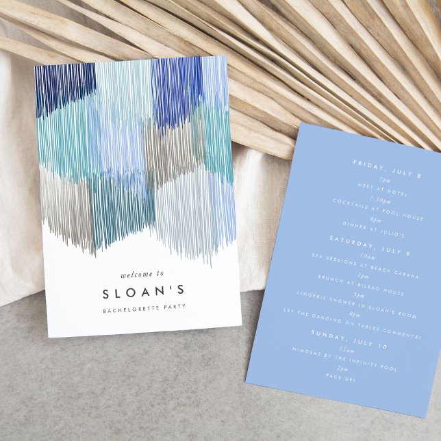 Reserva La Fecha Blue Modern Fringe Bachelorette Party Itinerary (Blue fringe bachelorette party itinerary cards.)