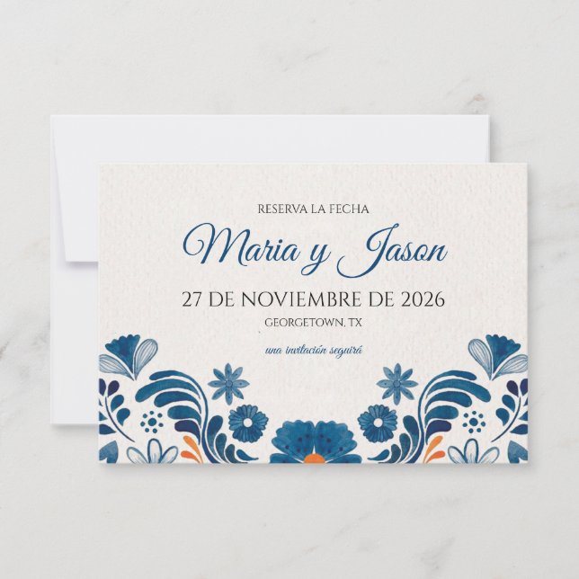 Reserva La Fecha Blue Orange Floral Elegant Fiesta Spanish Wedding (Anverso)