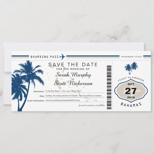 Reserva La Fecha Blue Palm Tree Boarding Pass Bahamas Save the Date (Anverso)