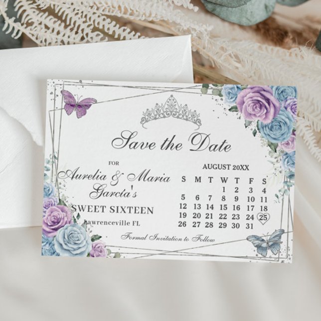 Reserva La Fecha Blue Purple Floral Twins Sweet 16 Quince Calendar (Subido por el creador)