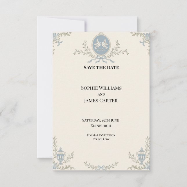Reserva La Fecha Blue Regency Cameo Boda Save The Date (Anverso)