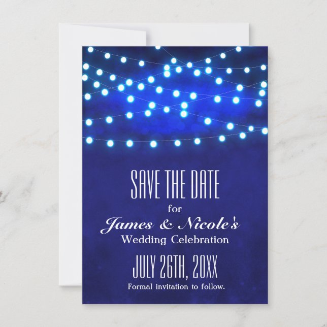 Reserva La Fecha Blue Rustic Night String Lights Save the Date Card (Anverso)