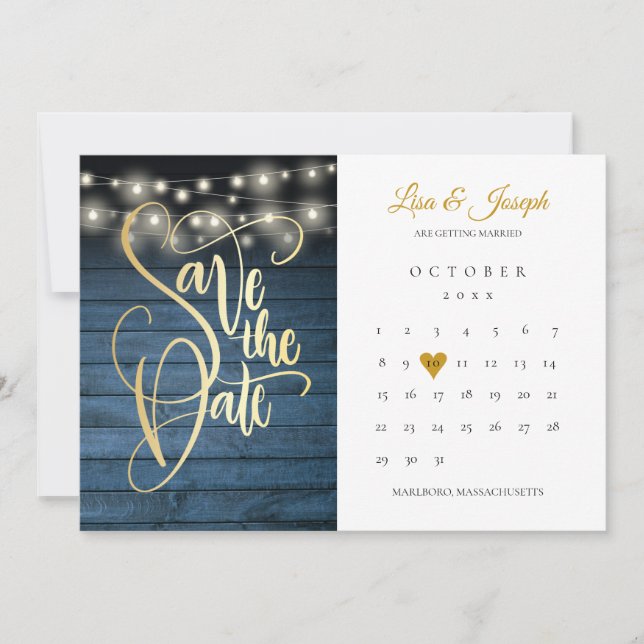 Reserva La Fecha Blue Rustic Wood String Lights Calendar Gold Heart (Anverso)