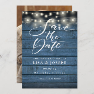 Reserva La Fecha Blue Rustic Wood String Lights Photo Boda