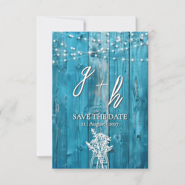 Reserva La Fecha Blue Rustic Wood String Lights Save the Dates (Anverso)