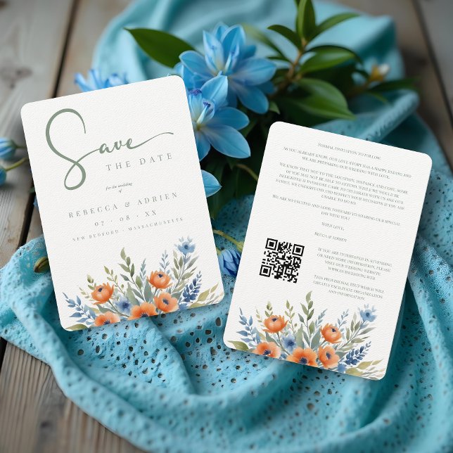 Reserva La Fecha Blue Shades Delicate Floral Bouquet Border Wedding (Blue Shades Delicate Floral Bouquet Border Wedding Save the Date Cards with QR Code)