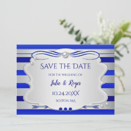 Reserva La Fecha Blue Silver Striped Photo Save the Date Card