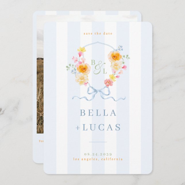 Reserva La Fecha Blue Stripes Floral Crest Monogram Spring Wedding (Anverso / Reverso)