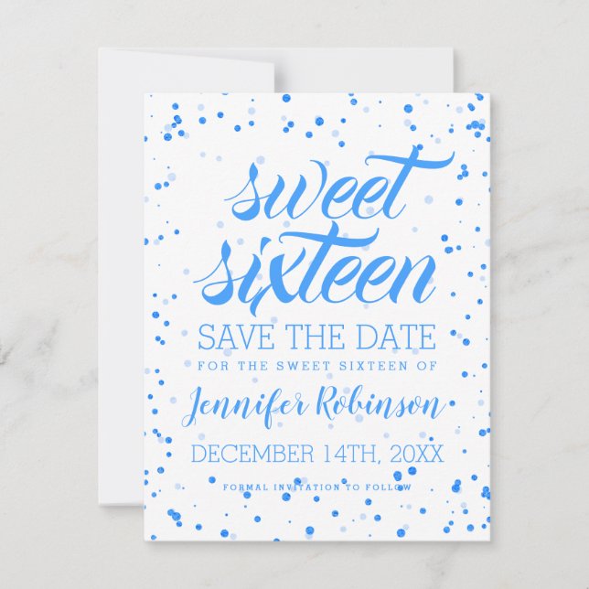 Reserva La Fecha Blue Sweet 16 Cumpleaños Save Date Confetti (Anverso)