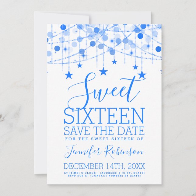 Reserva La Fecha Blue Sweet 16 Sparkly String Lights Save Date (Anverso)