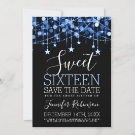 Reserva La Fecha Blue Sweet 16 Sparkly String Lights Save Date