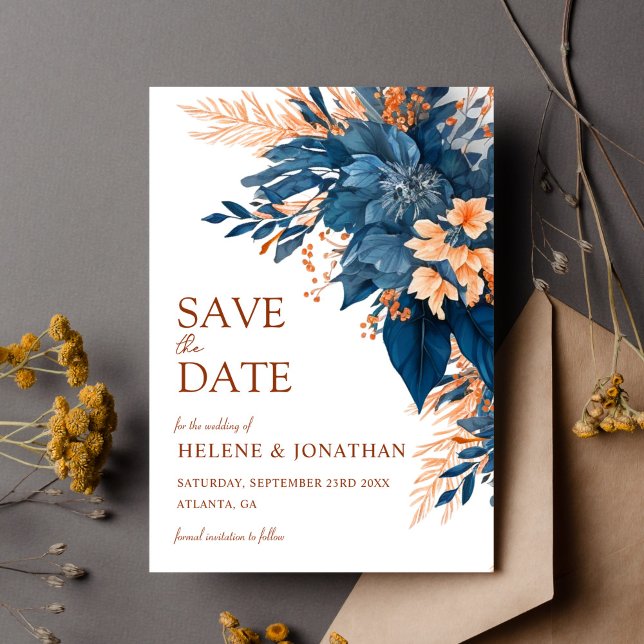 Reserva La Fecha Blue Terracotta Floral Elegant Wedding (Blue Terracotta Floral Elegant Wedding Save The Date)