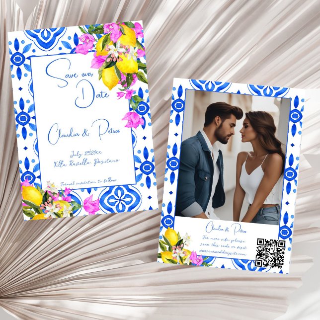 Reserva La Fecha Blue Tiles Bougainvillea lemons elegante boda (Blue Tiles Bougainvillea lemons elegant wedding photo template Save The Date card Mediterranean)